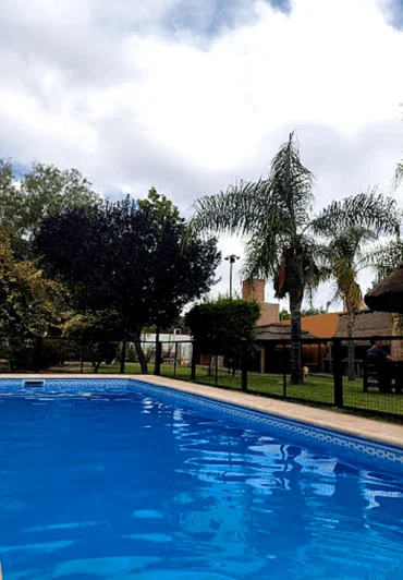 Piscina en suite de Chilecito rodeada de jardín con palmeras y área de descanso al aire libre.